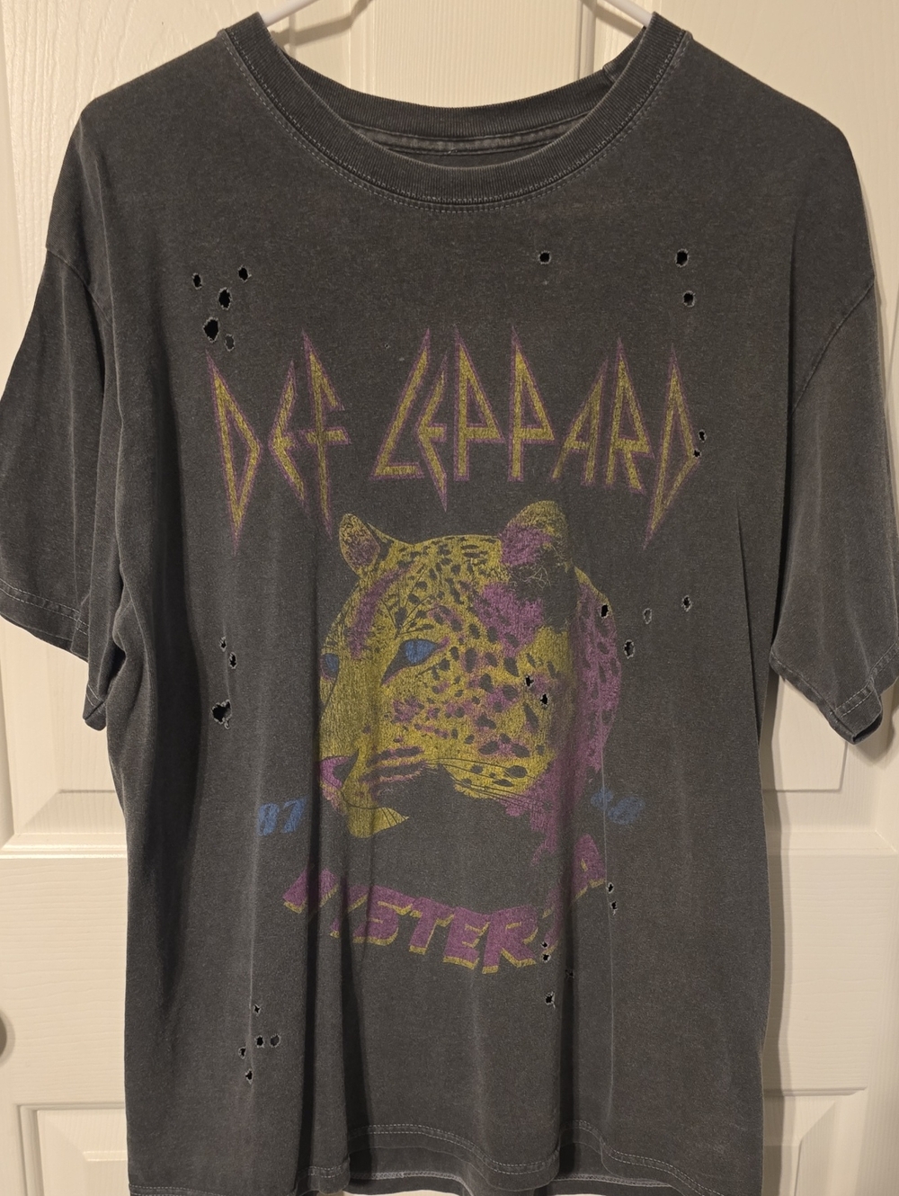 Def Leppard Graphic Tee in Charcoal with Yellow & Purple Leopard